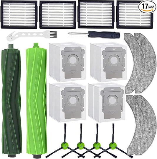 Replacement Parts Compatible with Roomba Combo j9+,Combo j7+/Plus Robot Vacuum Cleaner,1 Set of Multi-Surface Rubber Brush+4 Mopping Pads + 4 HEPA Filters &4 Side Brushes &4 Dust Bags