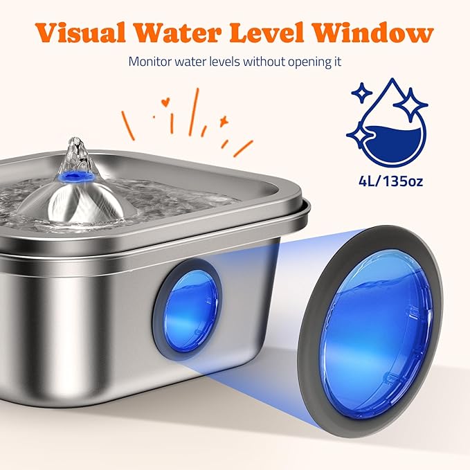 Cat Water Fountain Stainless Steel, 4L/135oz Pet Fountain, Automatic Dog Drinking Dispenser with Water Level Window, Filter, Quiet Pump, Silver