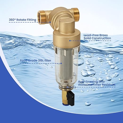 Solimeta 360° Mountable Spin Down Sediment Water Filter with Two 3/4" Push-to-Connect Fittings, 50 & 100 Micron