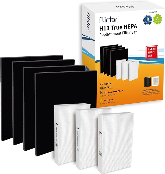 Flintar HPA300 Replacement Filter, Compatible with Honeywell Air Purifier HPA300 Series, (3) H13 True HEPA Filter R + (4) Activated Carbon Fil-ter A