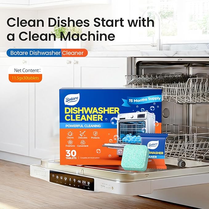 Dishwasher Cleaner And Deodorizer-30 Pack Cleaning Tablet-15 Month Suply for Heavy Duty Dish Washer Machine, Non Toxic for Dish, Septic Safe& Smell Remover, Lemon Scent