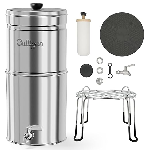 Culligan MaxClear 3 Gallon Gravity Water Filter System, Polished Stainless-Steel Countertop Water Filter NSF/ANSI Certified to Reduce Microplastics, Lead & Total PFAS, with 6 Ceramic Filters