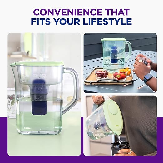 PUR 7-Cup Water Pitcher, 1 Genuine Filter, Cleaner, Great-tasting Water, Dishwasher Safe, Powerful, Faster Filtration, LockFit Cap Design - Lime