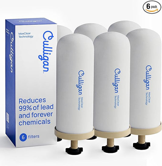 Culligan MaxClear 7” Gravity Water Filter Replacement Compatible with ProOne & Berkey Water Filter Systems, Ceramic & Carbon Filter NSF/ANSI Certified, Reduce Total PFAS, Microplastics & Lead, 6-Pack