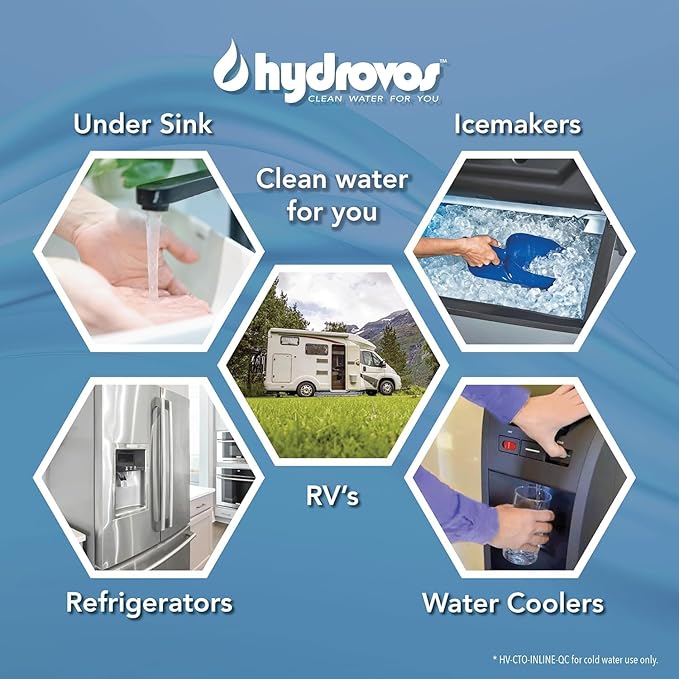 HYDROVOS Inline Water Filter for Refrigerator, Ice Maker, Reverse Osmosis System, 1/4" Quick Connect, 10" Carbon Water Filter Reduces Chlorine Taste & Odor for Drinking Water, Filtered Ice, Bulk Pack