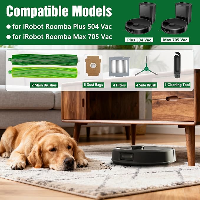 Chuancheng Max 705 Vac Replacement Parts for iRobot roomba Plus 504 Vac Vacuum Cleaner, Accessories Parts with 6 Dust Bags, 4 Filters, 4 Side Brush, 2 Main Brushes,1 Cleaning Tool (Not for Combo)