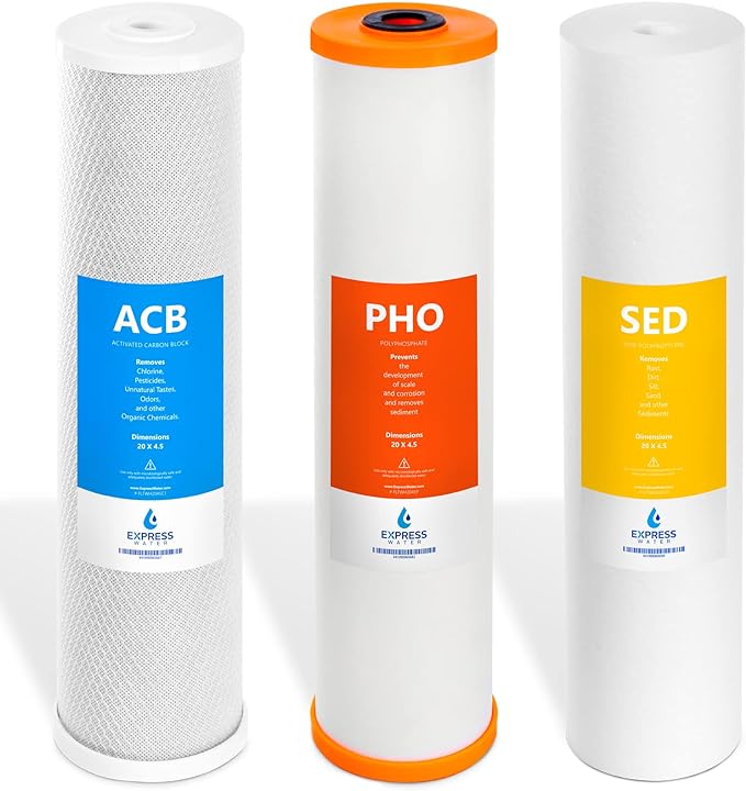 Express Water Whole House Anti Scale Filter Set – 3 Stage Filtration Water Conditioner Replacement Kit – Sediment, Carbon Block, Polyphosphate High Capacity Cartridge – 5 Micron – 4.5” x 20” inch