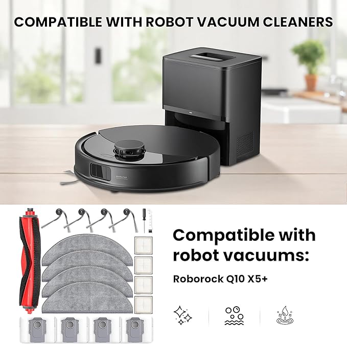 19 Pcs Replacement Kit for Q10 X5+ Robot Vacuum, 1 Main Brush, 4 HEPA Filter, 4 Mop Pads, 4 Side Brush, 4 Dust Bag, 1 Cleaning Brush and 1 Screwdriver