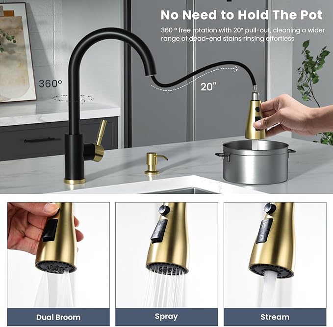 APPASO Black and Gold Kitchen Faucet, Stainless Steel Kitchen Sink Faucets with Soap Dispenser and Pull Down Sprayer 3 Modes, High Arch Single Handle Matte Black with Deck Plate for 1 to 4 Holes Sink