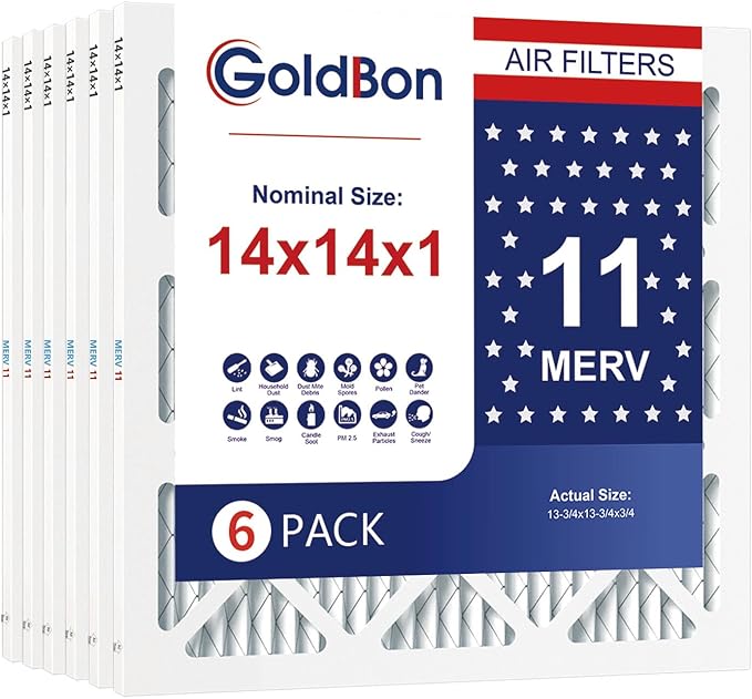 14x14x1 Air Filter 6 Pack MERV 11 MPR 1000 FPR 7- GoldBon AC Filter USA Design- Electrostatic Pleated Air Conditioner HVAC AC Furnace Filters for Pollen, Smoke,Pet Dander