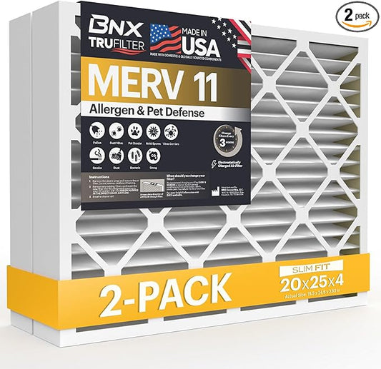 BNX TruFilter 20x25x4 (19.5’’ x 24.5’’ x 3.63‘’ Slim Fit) MERV 11 Air Filter 2-Pack - MADE IN USA - Air Conditioner Furnace Filters HVAC AC Furnace Filters for Allergy Dust, Pet, Mold, MPR 1200 FPR 7