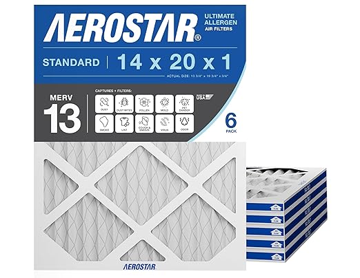 Aerostar 14x20x1 MERV 13 Pleated Air Filter, AC Furnace Air Filter, 6 Pack (Actual Size: 13 3/4"x 19 3/4" x 3/4")