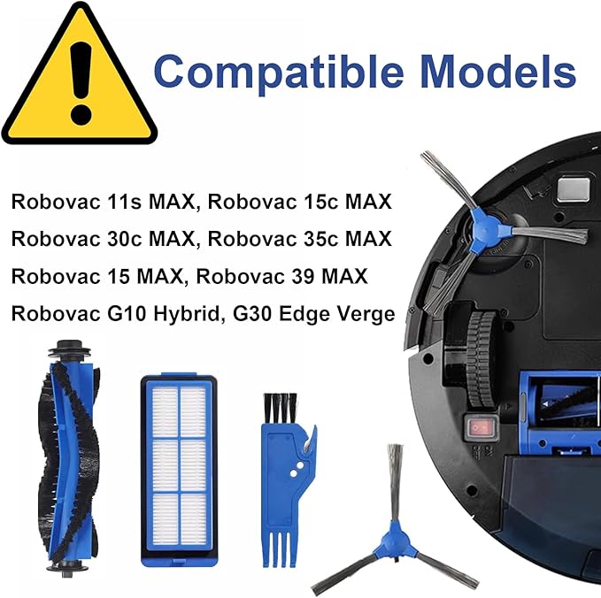 Replacement Part for Eufy RoboVac 11S Max, RoboVac 15C Max, RoboVac 30C Max RoboVac G30 Edge G10 Hybrid Robot Vacuum Cleaner Accessories Kit, Including 1 Main brush, 6 Side brushes, 6 Filters