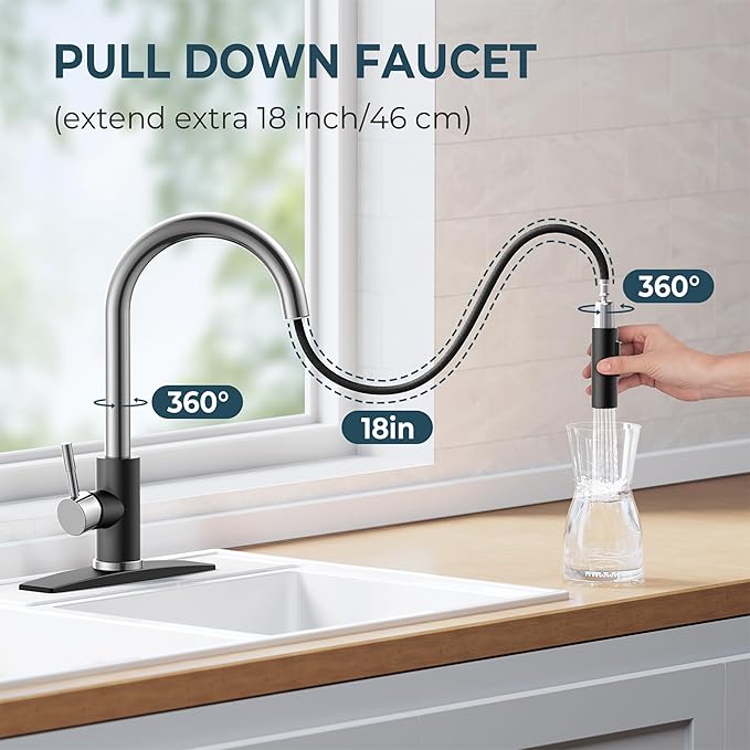 FORIOUS Kitchen Faucet with Pull Down Sprayer, High Arc Modern Classic Sink Faucet Stainless Steel with Deck Plate Fit for 1 or 3 Hole for Pot Filler Bar Farmhouse Laundry Rv, Black Chrome
