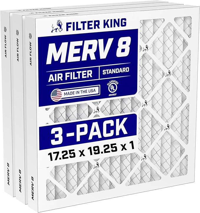 Filter King 17.25x19.25x1 Air Filter (MERV 8) (3-Pack) Dust & Allergy Control AC Furnace Filters, MADE IN USA, HVAC, Pleated, Electrostatic (Actual Size: 17.25 x 19.25 x .75)