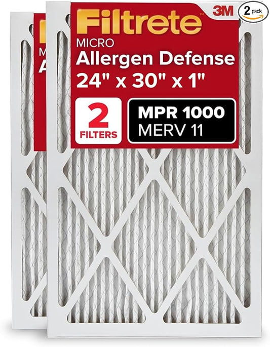 Filtrete 24x30x1 AC Furnace Air Filter, MERV 11, MPR 1000, Micro Allergen Defense, 3-Month Pleated 1-Inch Electrostatic Air Cleaning Filter, 2 Pack (Actual Size 23.81x29.81x0.81 in)