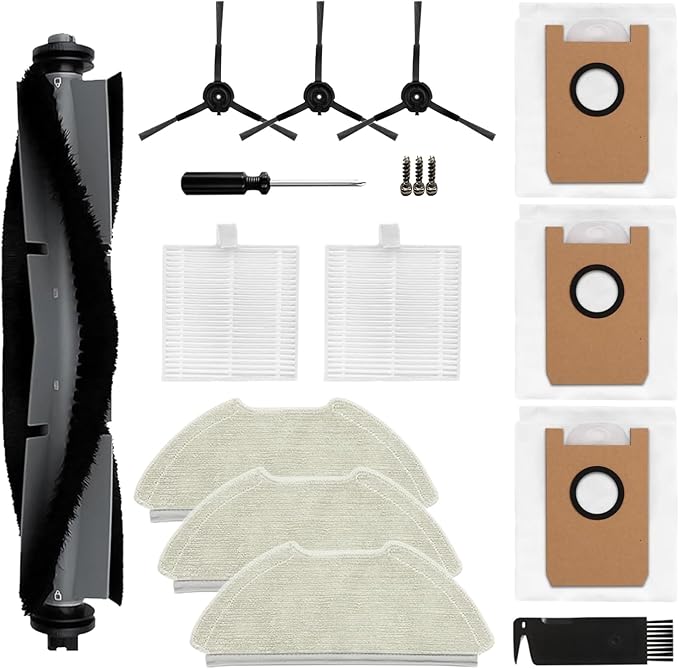 Replacement Parts Compatible with Airrobo T20+ T25+ T30+ Robot Vacuum Cleaner, Spare Accessories Kit include 1 Roller Brush, 2 Filters, 3 Side Brushes, 3 Dust Bags, 3 Mop Pads and 1 Cleaning Brush