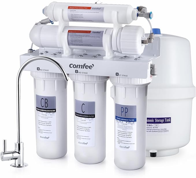COMFEE’ CMP10 5-Stage Reverse Osmosis System, NSF Certified Water Filter for Under Sink, Easy DIY Installation, Ultra Safe Drinking Water Filtration System, Leak-Free RO System, 75 GPD