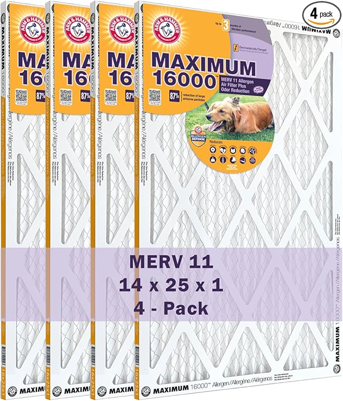 Arm & Hammer Max Allergen & Odor Reduction 14x25x1 Air and Furnace Filter, MERV 11, 4-Pack
