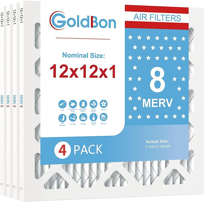 12x12x1 Air Filter 4 PACK, MERV 8 MPR 600 Pleated HVAC AC Furnace Dust Defense Air Filters Replacement (Actual Size: 11 3/4 x 11 3/4 x 3/4 Inches)