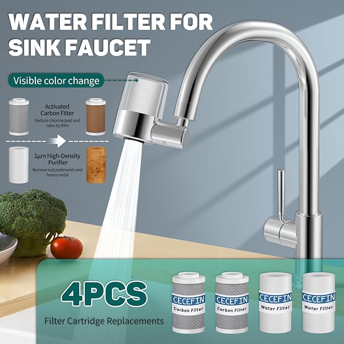CECEFIN 720 Swivel Sink-Faucet Water-Filter - 22 Adapters Fit Most Bathroom/Pull Out Kitchen/RV Faucets, Tap Mount Water Filtration, Carbon Purifier Reduces 99% Chlorine, Last 528 Gallons Water