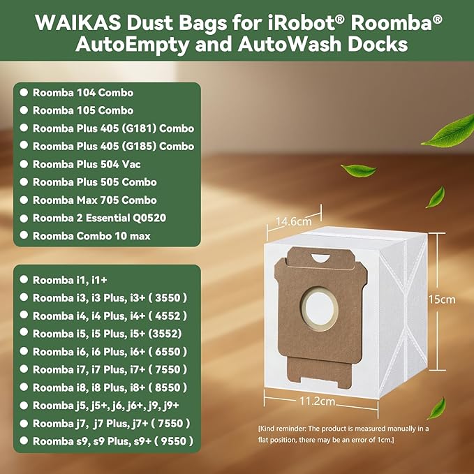 6 Pack Replacement Roomba Vacuum Bags for iRobot Roomba 104 105 405 505 705 Combo 10 Max, 2 Essential, i7+ i3+ i4+ i6+ i8+ j7+ j9+ s9+, i s j Series, All Clean Base Automatic Dirt Disposal Bags