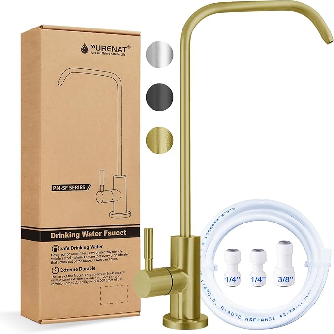 Drinking Water Faucet - Long Thread Stem Filtered Water Tap for Thick Countertop,Lead-Free RO Faucet with Hose and Push Connect Fittings(Matte Gold - "7" Shape)