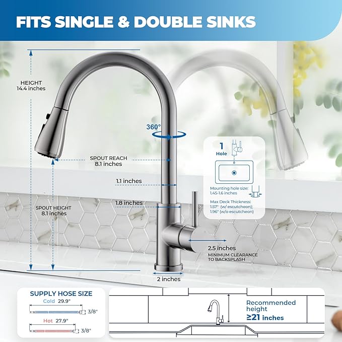 Kitchen Faucet with Pull Down Sprayer, VFAUOSIT Lead-Free Kitchen Sink Faucet Brushed Nickel Stainless Steel Modern High Arc Pull Out Single Hole Kitchen Faucets for Bar RV Bathroom Sink Faucets
