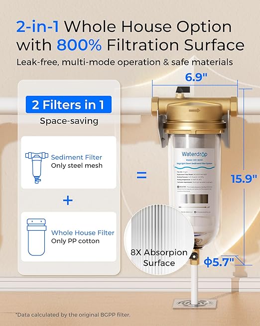 Waterdrop Mega Spin Down Sediment Filter, Reusable Whole House Water Filter System with Larger Capacity, 2 in 1 Dual 100+5 Micron Filtration, Anti-Clogging, 1" MNPT + 3/4" FNPT, BPA Free