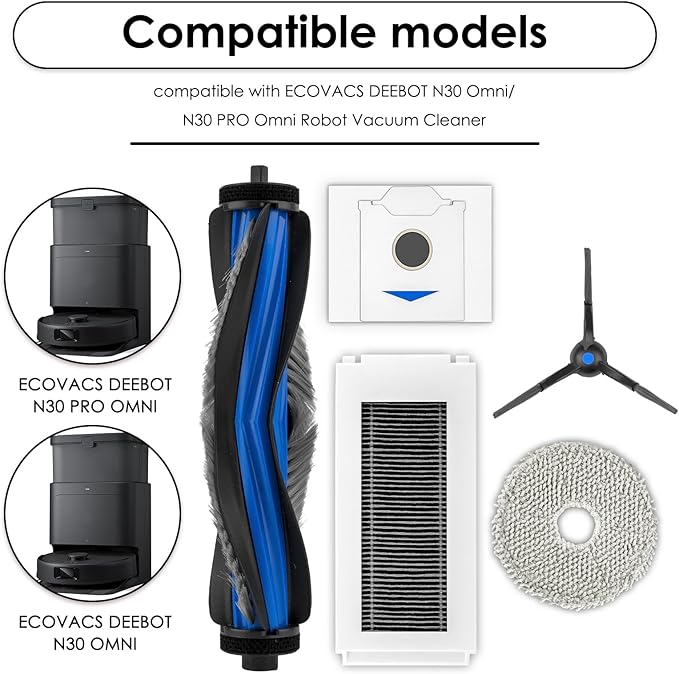 (9 Pack) N30 Omni Replacement Parts Compatible with ECOVACS DEEBOT N30 Omni/ N30 Pro Omni Robot Vacuum Cleaner, 1 Roller Brush, 2 Side Brushes, 2 Dust Bags, 2 HEPA Filters, 2 Mop Pads, Accessories Kit