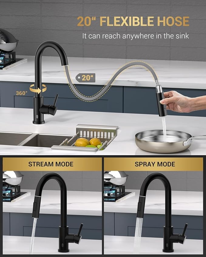 APPASO Black Kitchen Faucet Touchless, Hands-Free Smart Motion Sensor Sink Faucets with Soap Dispenser and Pull Down Sprayer 2 Modes, High Arc S304 Stainless Steel for Kitchen Sink