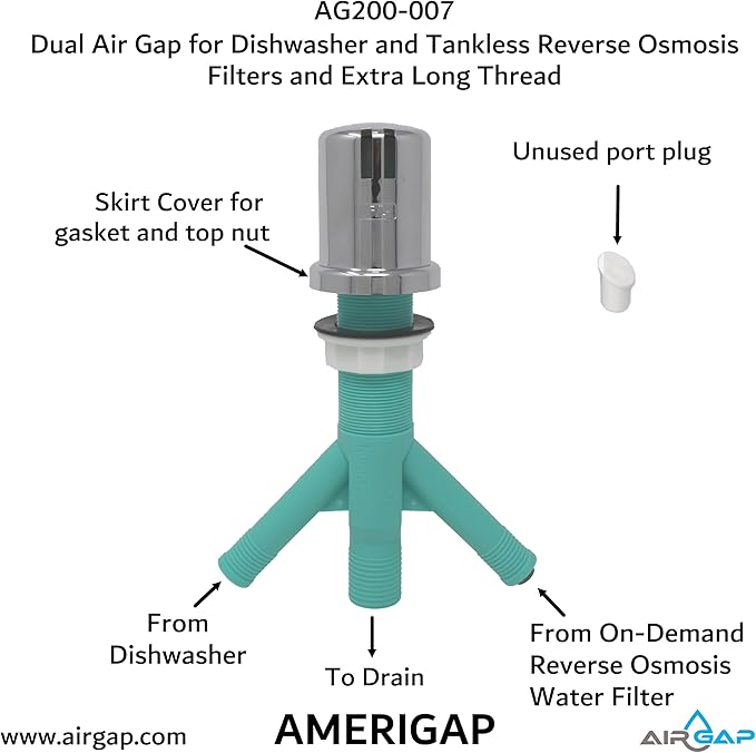 Dual Air Gap for Dishwasher and Tankless Reverse Osmosis Filter with Extra Long Thread (AG200-007 AMERIGAP)