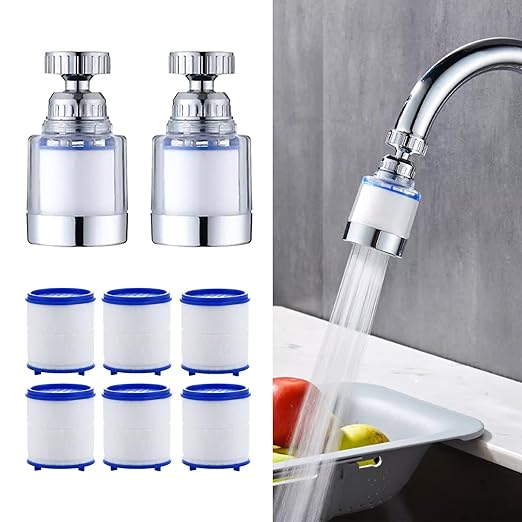 2-Pcs Sink Water Faucet Filter,360 Degree Rotating Faucet Filter Water Filter Purifier for Kitchen,Bathroom Sink,Removes Sediment and Large Impurities,with 6 Filter Cartridges