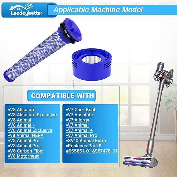 Leadaybetter Filter Replacement for Dyson V7 V8 SV10 Animal Absolute Cordless Stick Vacuum Cleaner, 2 Post & 2 Pre Filters Replacements, Compare to Part # 965661-01 & 967478-01