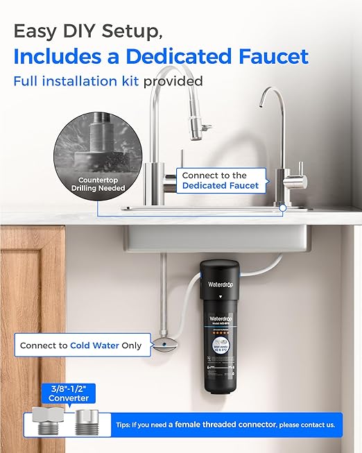 Waterdrop 10UB Under Sink Water Filter, Under Sink Water Filtration System for 11K Gallons, NSF/ANSI 42 Certified, Reduces PFAS, PFOA/PFOS, Lead, Under Sink Water Filter with Faucet