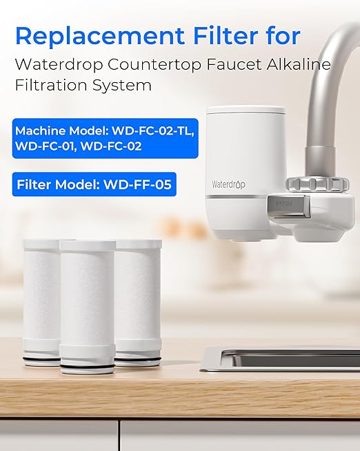 [Alkaline] Waterdrop Water Filter for Sink Faucet Replacement Water Filters, WD-FF-05A Fits Waterdrop Faucet Water Filter WD-FC-02T, WD-FC-02, WD-FC-01, WD-FC-06, Last Up to 9 Months, Pack of 3