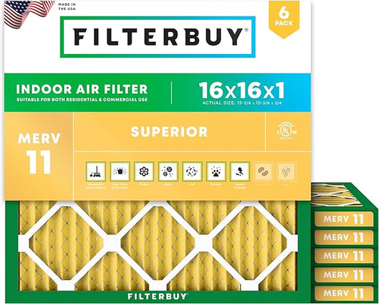 Filterbuy 16x16x1 Air Filter MERV 11 Superior Pet & Allergy Defense (6-Pack), Electrostatic Pleated HVAC AC Furnace Filters Replacement (Actual Size: 15.75 x 15.75 x 0.75)
