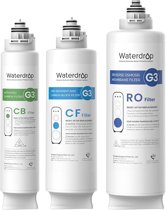 Waterdrop G3-CFCBRO Filter, Replacement for Waterdrop G3-W 400 GPD Reverse Osmosis System, Pack of 1 G3-N1CF, 1 G3-N3CB, and 1 G3-N2RO Set Filter