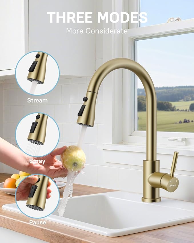 WEWE Kitchen Faucet with Pull Down Sprayer and Soap Dispenser, Gold High Arc Single Handle Stainless Steel Sink Faucet, Suitable for Farmhouse, RV & Laundry
