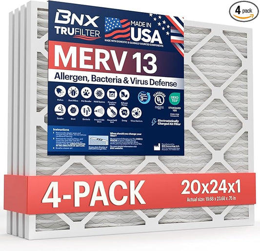BNX TruFilter 20x24x1 Air Filter MERV 13 (4-Pack) - MADE IN USA - Electrostatic Pleated Air Conditioner HVAC AC Furnace Filters for Allergies, Pollen, Mold, Bacteria, Smoke, Allergen, MPR 1900 FPR 10