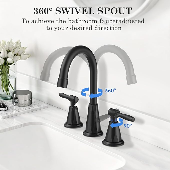 Bathroom Faucets with Filter, Widespread Black Bathroom Sink Faucet for 3 Holes with Pop-up Drain Assembly, Two Handle Vanity Faucet (Contemporary)