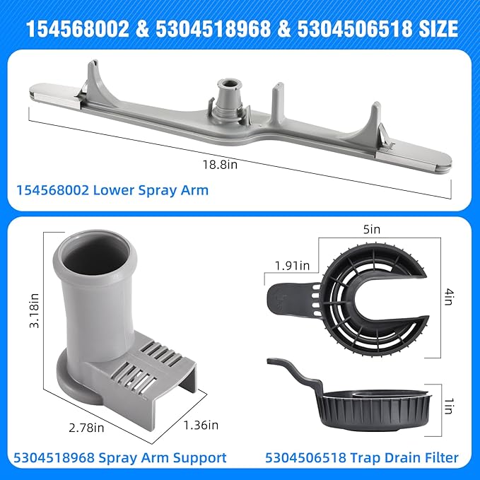 154568002 Dishwasher Lower Wash Arm and 5304518968 Support and 5304506518 Trap Drain Filter for Frigidaire Electrolux 154568001 PS12585623 154414101 154250901 (Grey)