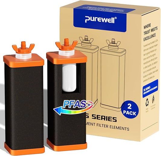 Purewell PF-6-PFAS Black 4-Stage Water Filter Replacement, NSF/ANSI 53 Certified, Remove PFAS & Chlorine, Lead, Compatible with Berkey, Compatible with ProOne® and Berkey® Filters (2 Pack, SS Series)