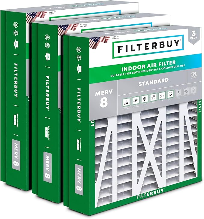 Filterbuy 21x27x5 Air Filter MERV 8 Essential Dust & Allergy Defense (3-Pack), Pleated HVAC AC Furnace Filters for Trane Perfect Fit & American Standard (Actual Size: 20.56 x 26.13 x 4.97)