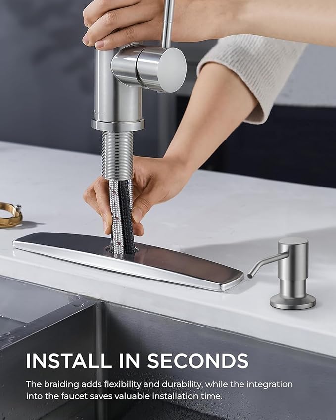 FORIOUS Brushed Nickel Kitchen Faucet with Soap Dispenser, High Arc Modern Sink Faucet with Pull Down Sprayer and Deck Plate, Stainless Steel Fit for 1 or 3 Hole for Pot Filler Bar Rv