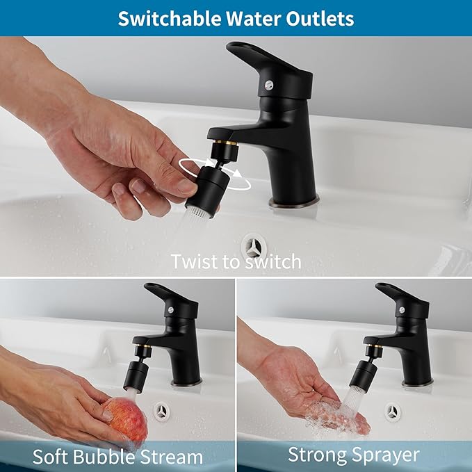 Hibbent NSF/ANSI/CAN 61 Certified Faucet Aerator, Kitchen Sink Faucet Aerator, 2-Flow CUPC Certification 360-degree Swivel Faucet Extender, 55/64 Inch Female Thread, Water Saving-Matte Black