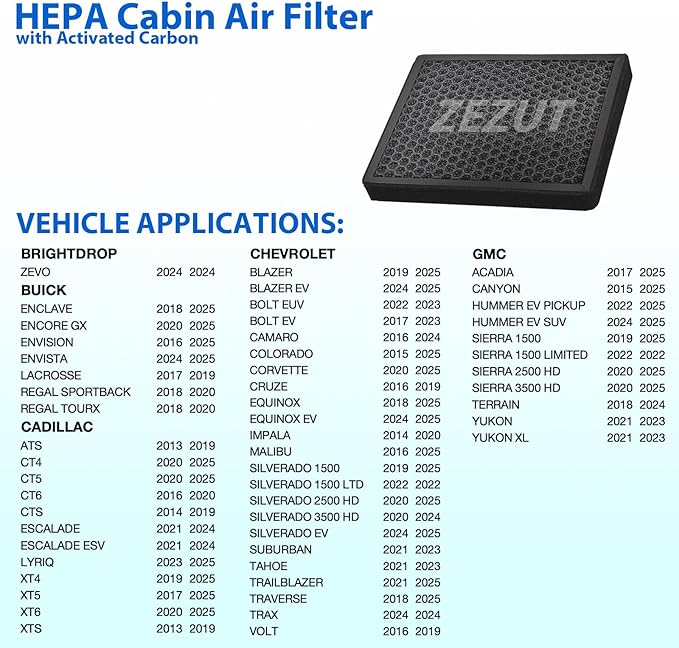CF11966 Cabin Air Filter for Chevrolet, Cadillac, Buick, GMC Models: XT5, Silverado, Tahoe, Colorado, Cruze, Equinox, Impala, Malibu, Traverse, Honeycomb Structure and Activated Carbon Beads