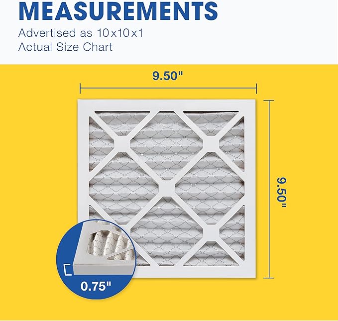Aerostar 10x10x1 MERV 8 Air Filter, Pleated AC Furnace HVAC Filters (9.5x9.5x0.75), Electrostatically Charged for Allergies Dust Pet Dander Pollen Mold Lint, MPR 600 FPR 5, USA, 6 Pack