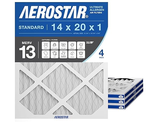 Aerostar 14x20x1 MERV 13 Air Filter, 4 Pack Set of HVAC Furnace Filters, Electrostatic MPR 1500-1900 & FPR 10 (Actual Size: 13 3/4 x 19 3/4 x 3/4 inches)