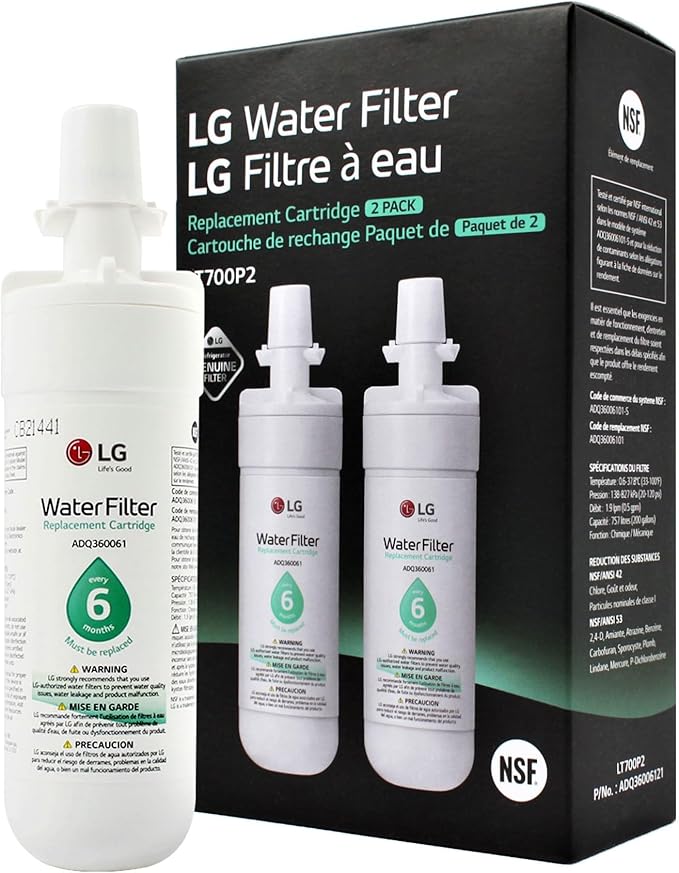 LG LT700P2 6-Month / 200 Gallon Refrigerator Replacement Water Filter, 2 Count (Pack of 1), White
